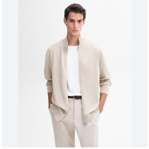 Massimo Dutti Mens Cardigan Sweater XL Beige Cotton Full Zip 0978/350 NWT